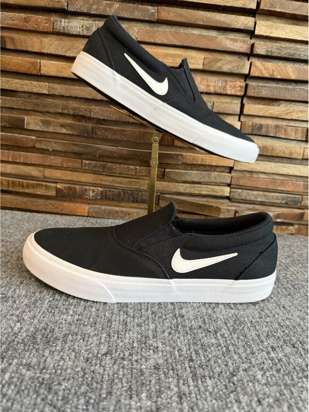 Size 10.5 - Nike Charge Slip On SB Black White Comfort Casual Boat Shoe Swoosh